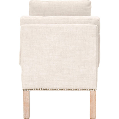 Warner Bench by Essentials For Living in natural gray ash, bisque french linen. Made from solid ash wood, plywood, 50% linen, 50% polyester fabric, foam in a traditional style.