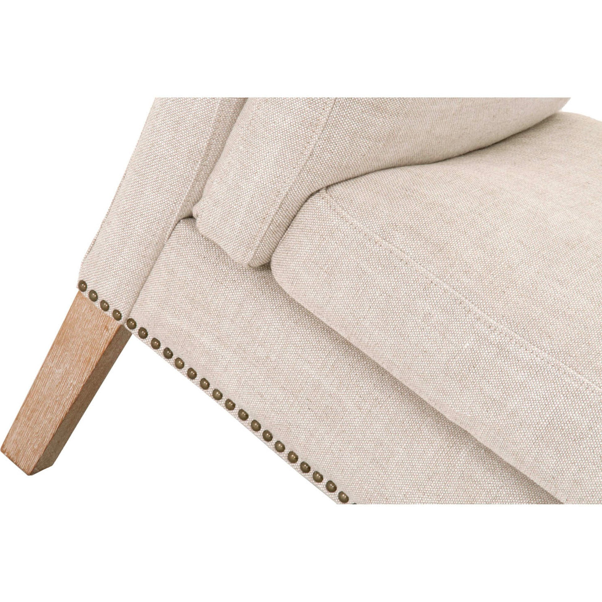 Warner Bench by Essentials For Living in natural gray ash, bisque french linen. Made from solid ash wood, plywood, 50% linen, 50% polyester fabric, foam in a traditional style.