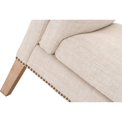 Warner Bench by Essentials For Living in natural gray ash, bisque french linen. Made from solid ash wood, plywood, 50% linen, 50% polyester fabric, foam in a traditional style.