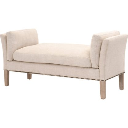 Warner Bench by Essentials For Living in natural gray ash, bisque french linen. Made from solid ash wood, plywood, 50% linen, 50% polyester fabric, foam in a traditional style.