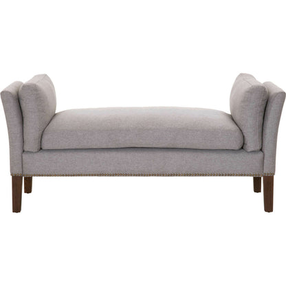 Warner Bench by Essentials For Living in natural gray ash, bisque french linen. Made from solid ash wood, plywood, 50% linen, 50% polyester fabric, foam in a traditional style.