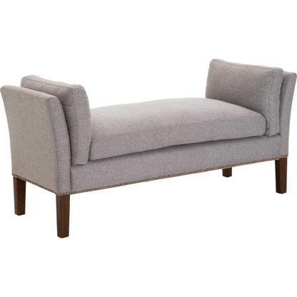 Warner Bench by Essentials For Living in natural gray ash, bisque french linen. Made from solid ash wood, plywood, 50% linen, 50% polyester fabric, foam in a traditional style.