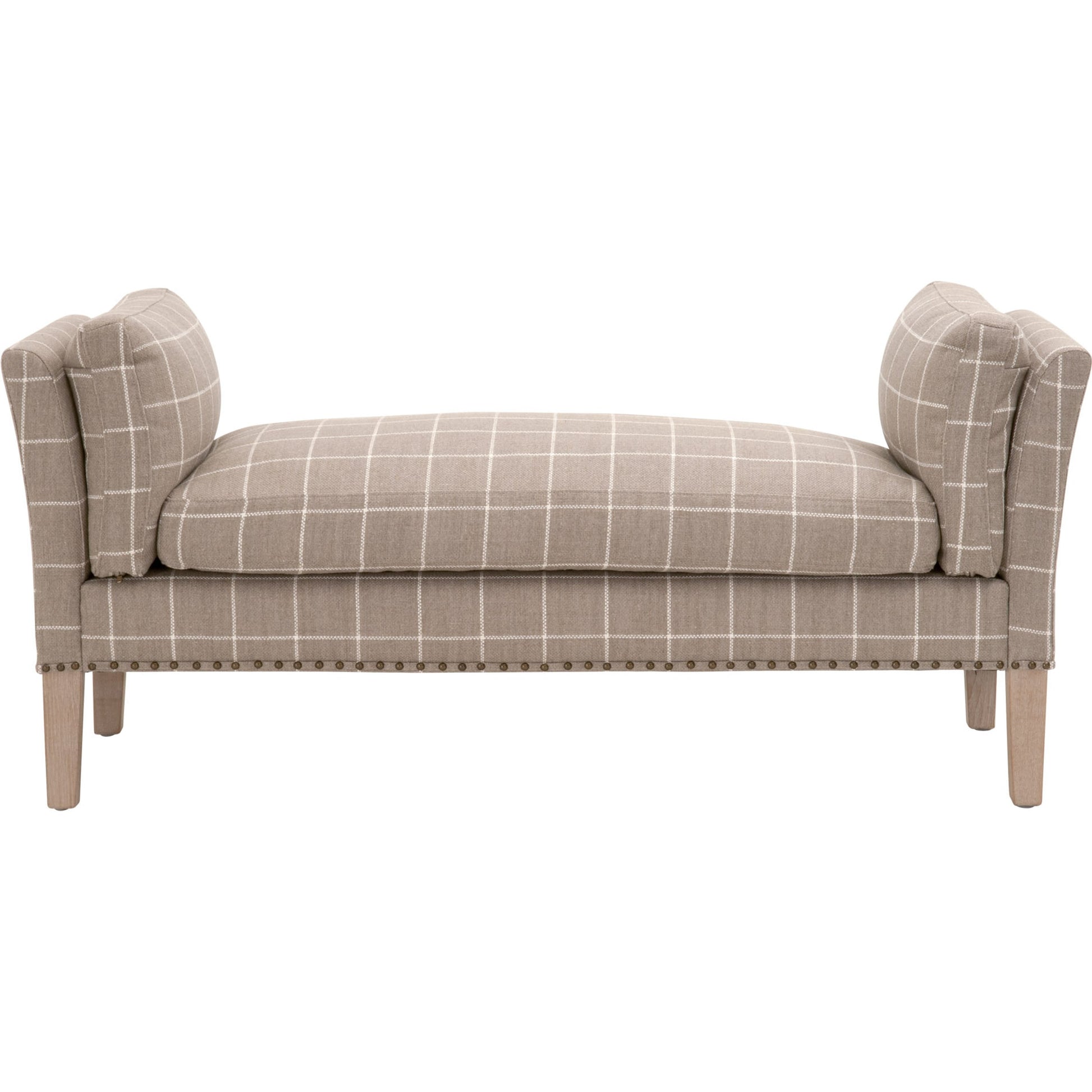 Warner Bench by Essentials For Living in natural gray ash, bisque french linen. Made from solid ash wood, plywood, 50% linen, 50% polyester fabric, foam in a traditional style.