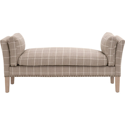 Warner Bench by Essentials For Living in natural gray ash, bisque french linen. Made from solid ash wood, plywood, 50% linen, 50% polyester fabric, foam in a traditional style.