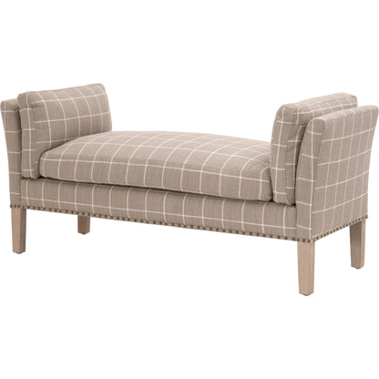 Warner Bench by Essentials For Living in natural gray ash, bisque french linen. Made from solid ash wood, plywood, 50% linen, 50% polyester fabric, foam in a traditional style.