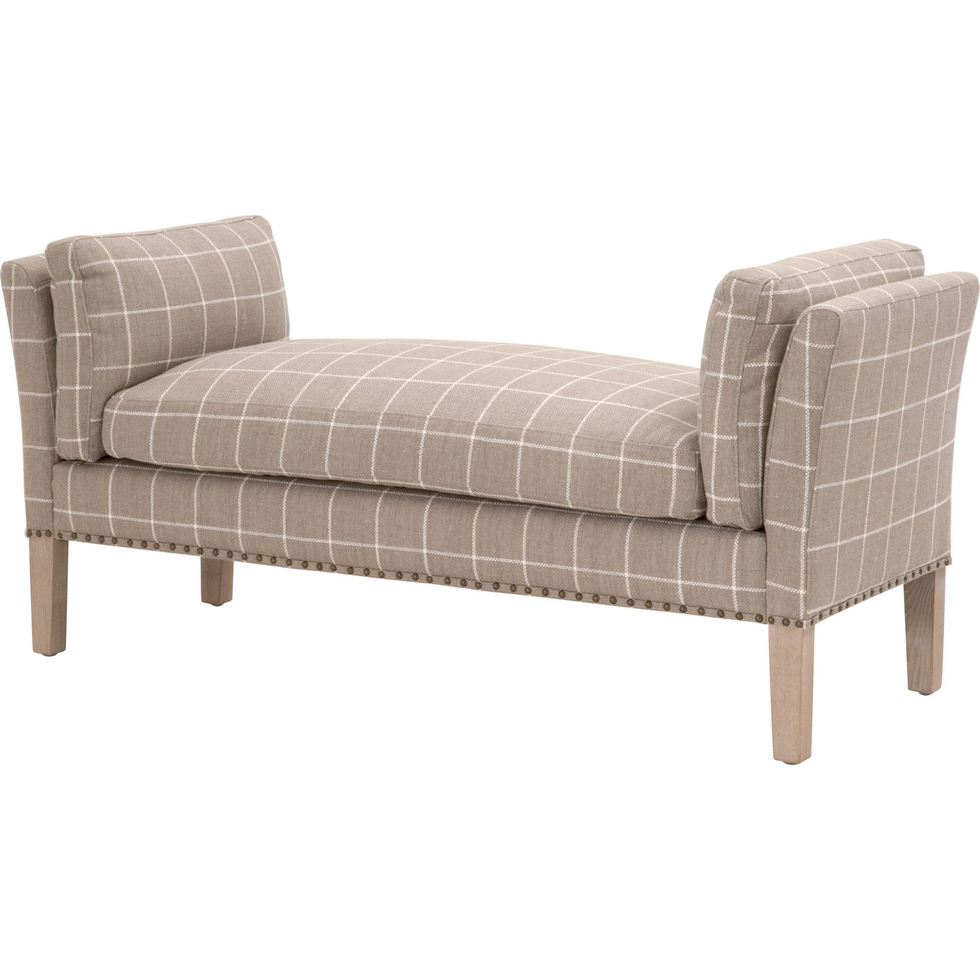 Warner Bench by Essentials For Living in natural gray ash, bisque french linen. Made from solid ash wood, plywood, 50% linen, 50% polyester fabric, foam in a traditional style.