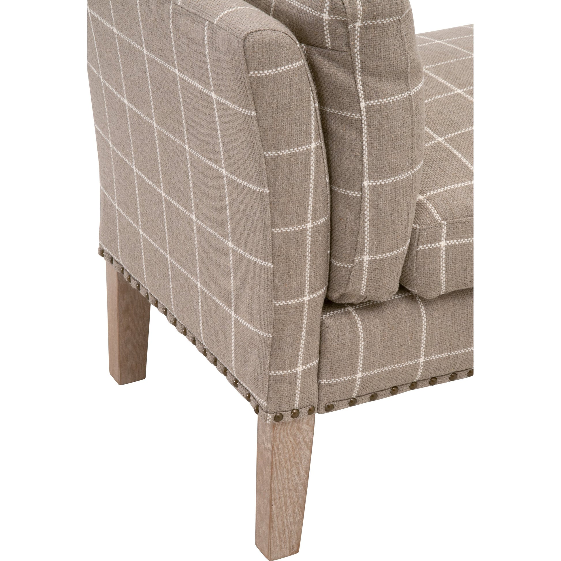 Warner Bench by Essentials For Living in natural gray ash, bisque french linen. Made from solid ash wood, plywood, 50% linen, 50% polyester fabric, foam in a traditional style.