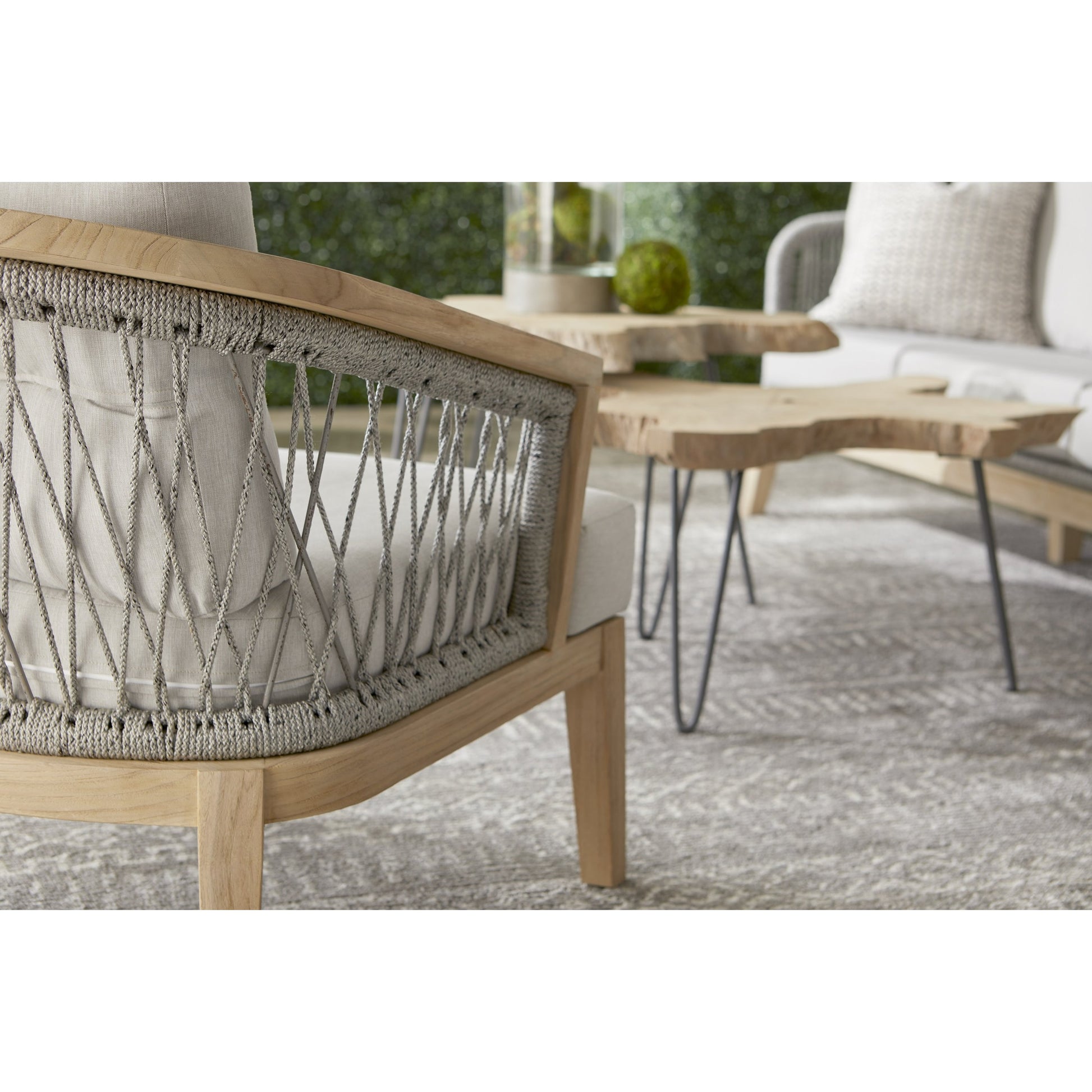 Web Club Chair by Essentials For Living in gray, taupe, white, pumice. Made from solid teak, aluminum, 100% olefin rope, 100% olefin fabric in a coastal style.