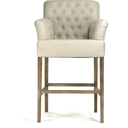 Barrois Bar Stool by Zentique in natural linen, jute and limed gray oak. Made from limed grey oak in a transitional style.