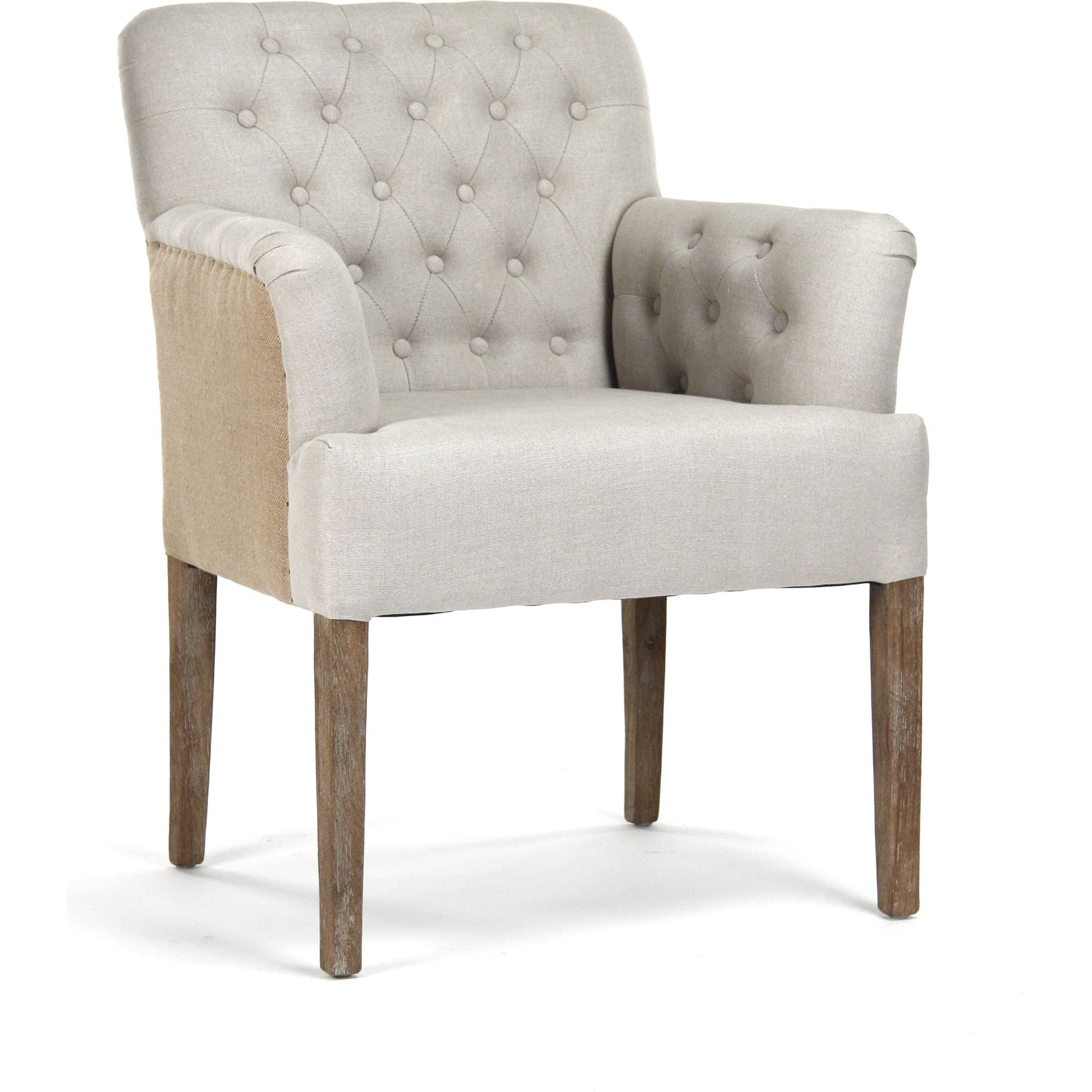 Barrois Tufted Arm Chair by Zentique in limed gray oak. Made from limed grey oak in a traditional style.