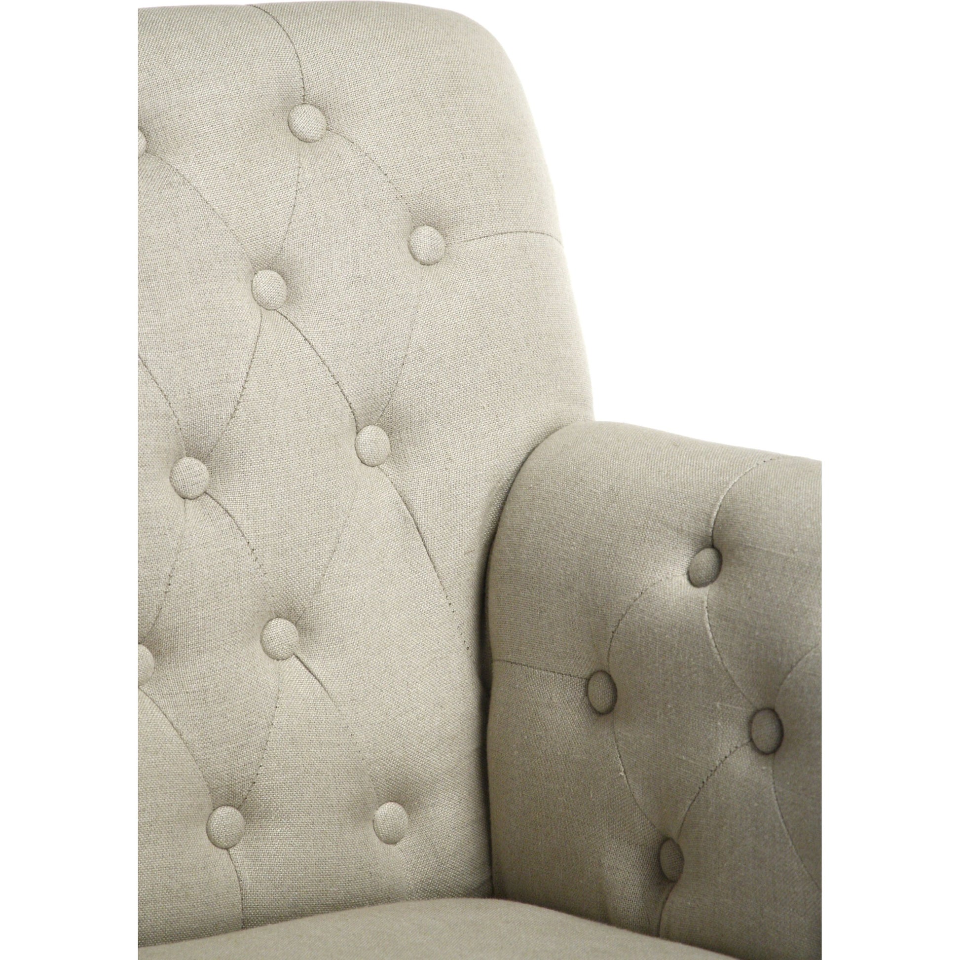 Barrois Tufted Arm Chair by Zentique in limed gray oak. Made from limed grey oak in a traditional style.