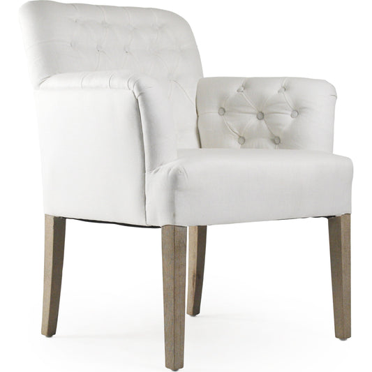 Barrois Tufted Arm Chair by Zentique in limed gray oak. Made from limed grey oak in a traditional style.