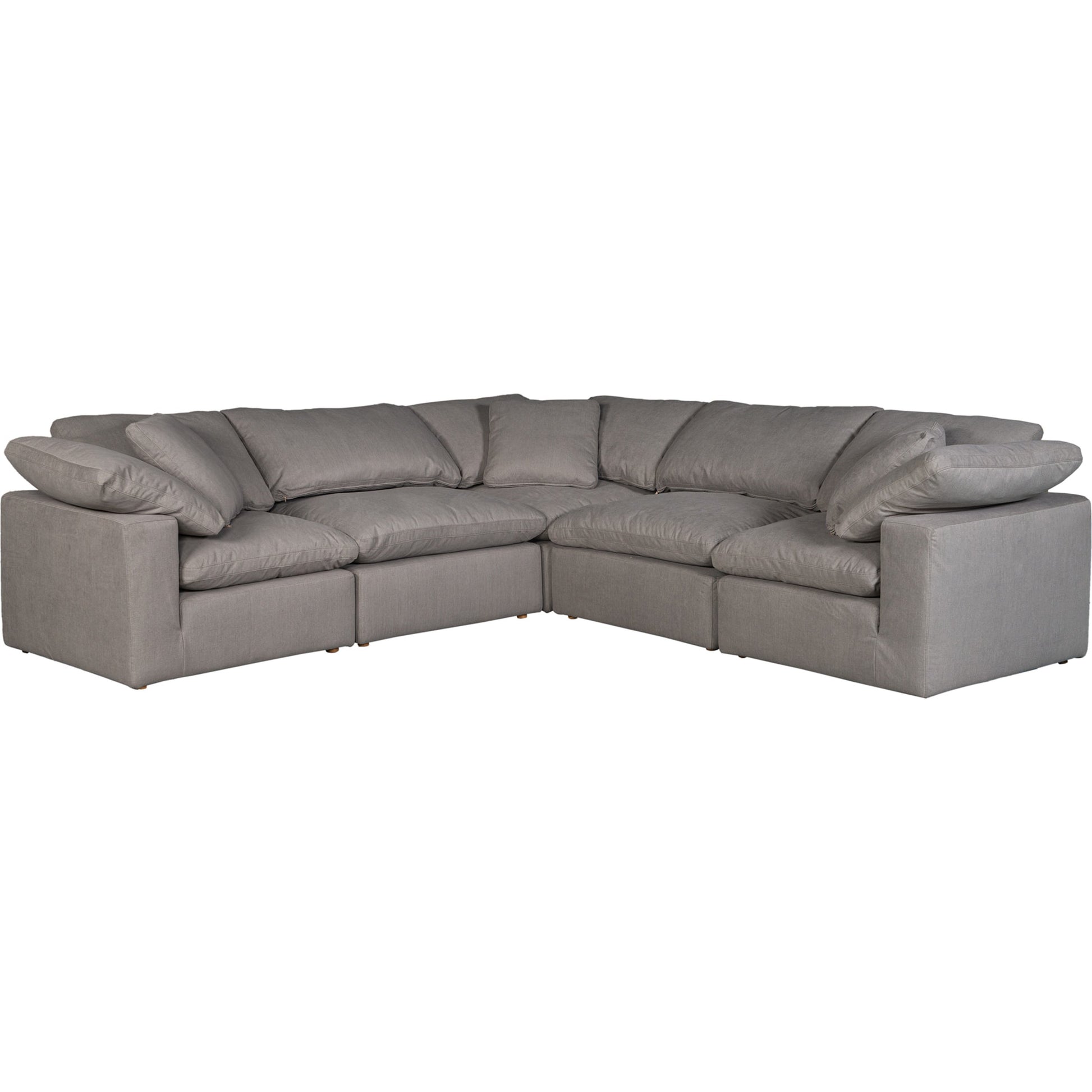 Terra Condo Classic L Modular Sectional by Moe's Home Collection in light gray. Made from fabric: 98% polyester, 2% nylon, plywood frame, 50% feather, fibre blend channeled in a modern style.