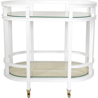 Zaina Bar Cart by Worlds Away in cerused oak. Made from oak solids, caning, metal, glass in a coastal style.