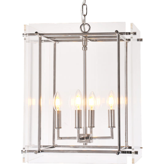 Acrylic Box on Chrome Pendant Light by Zentique in chrome, clear and iron, acrylic. Made from iron, acrylic in a traditional style.