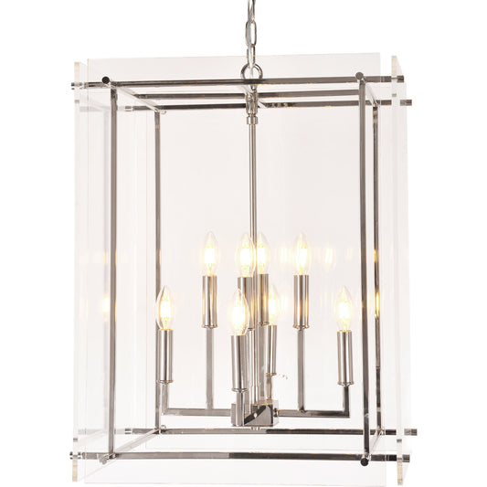 Acrylic Box on Chrome Pendant Light by Zentique in chrome, clear and iron, acrylic. Made from iron, acrylic in a traditional style.