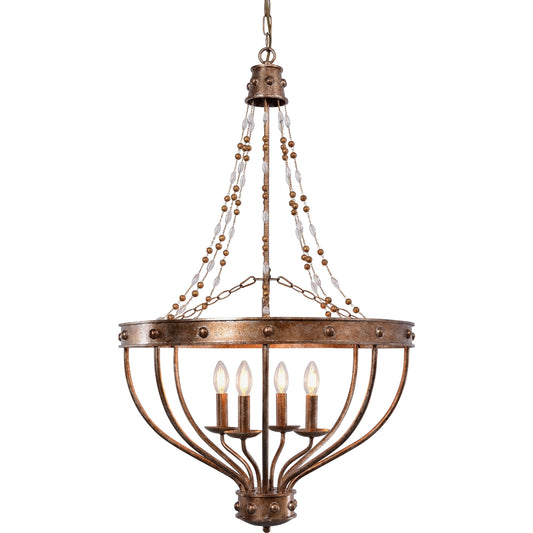 Beaded Empire Chandelier by Zentique in distressed golden bronze and iron, glass. Made from iron, glass in a traditional style.