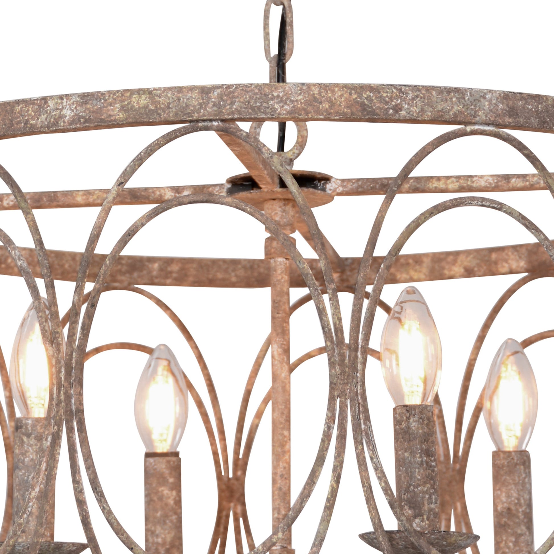 Rustic Metal Drum Chandelier by Zentique in distressed antique bronze and iron. Made from iron in a cottage & farmhouse style.