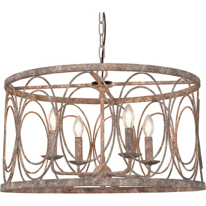 Rustic Metal Drum Chandelier by Zentique in distressed antique bronze and iron. Made from iron in a cottage & farmhouse style.