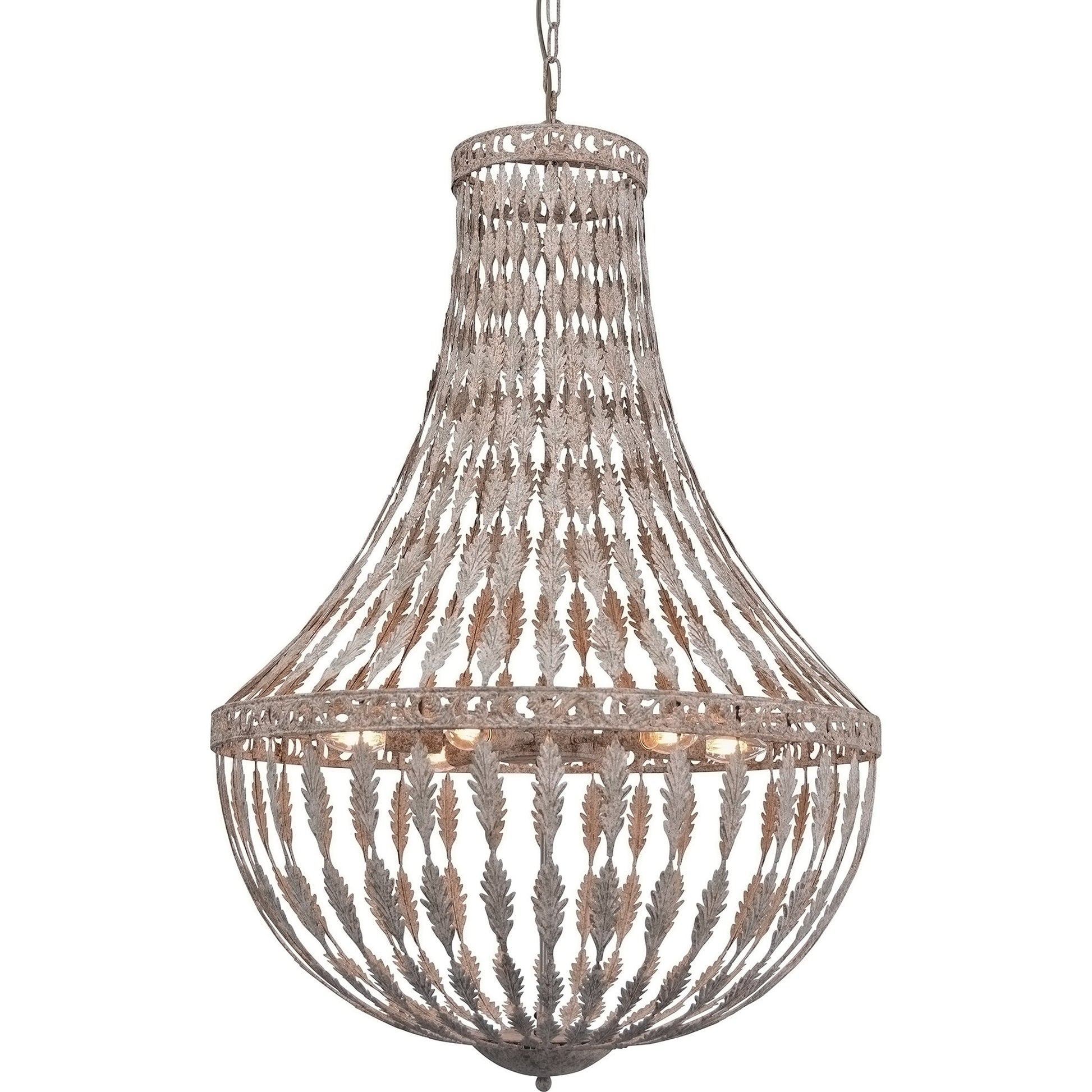 Rustic Empire Chandelier by Zentique in distressed metal and iron. Made from iron in a cottage & farmhouse style.