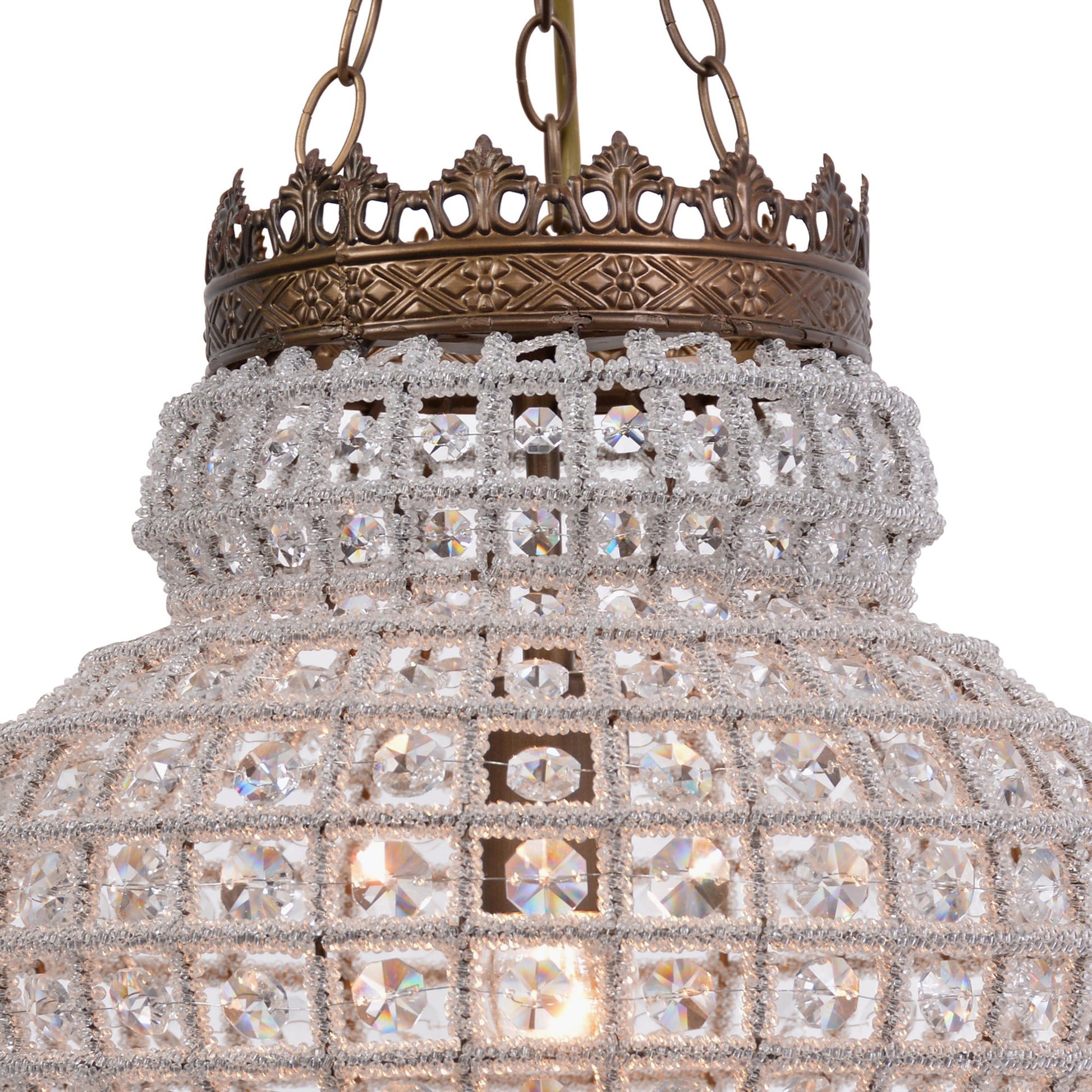Crown Pendant Chandelier by Zentique in distressed bronze and iron, crystal. Made from iron, crystal in a traditional style.