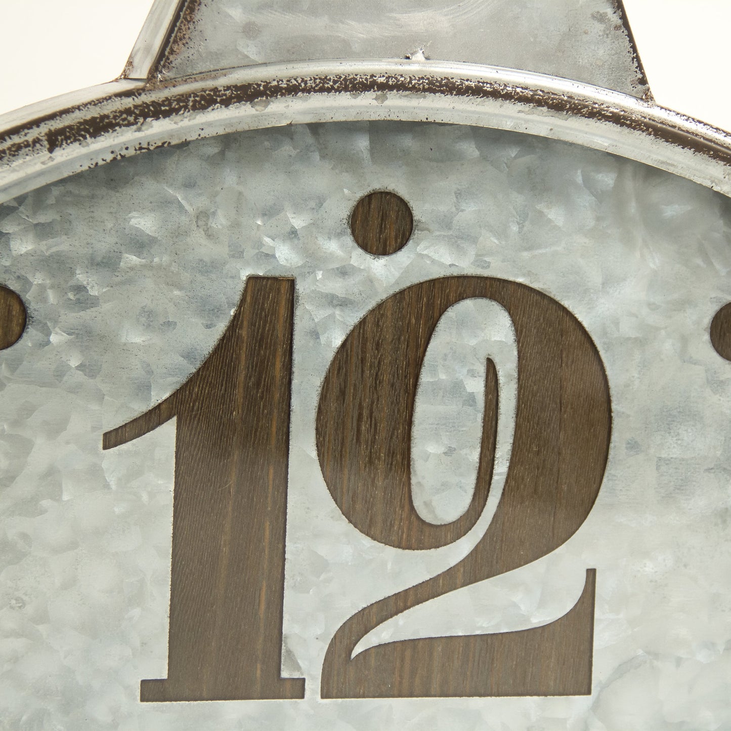 002 SR-900397 | Closeup | Retro Metal Wall Clock by Zentique in distressed silver, black and metal, glass, mdf. Made from metal, glass, mdf in a modern style.