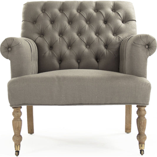Lorraine Tufted Arm Chair by Zentique in limed gray oak. Made from limed grey oak in a traditional style.