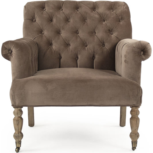 Lorraine Tufted Arm Chair by Zentique in limed gray oak. Made from limed grey oak in a traditional style.