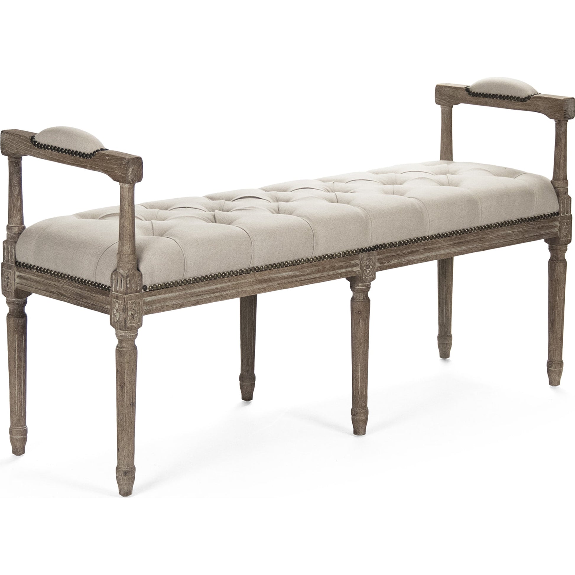 Nicolas Tufted Bench by Zentique in limed gray oak. Made from limed grey oak in a traditional style.