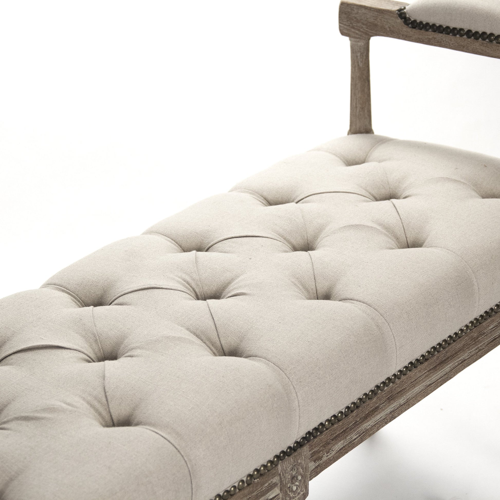 Nicolas Tufted Bench by Zentique in limed gray oak. Made from limed grey oak in a traditional style.