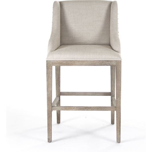 Connor Bar Stool by Zentique in natural linen and limed gray oak. Made from limed grey oak in a transitional style.
