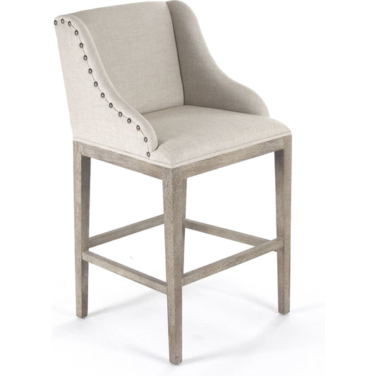 Connor Bar Stool by Zentique in natural linen and limed gray oak. Made from limed grey oak in a transitional style.