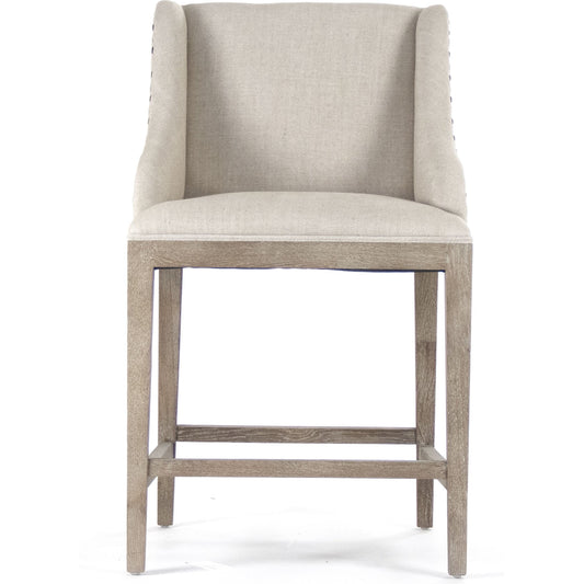 Connor Counter Stool by Zentique in natural linen and limed gray oak. Made from limed grey oak in a transitional style.