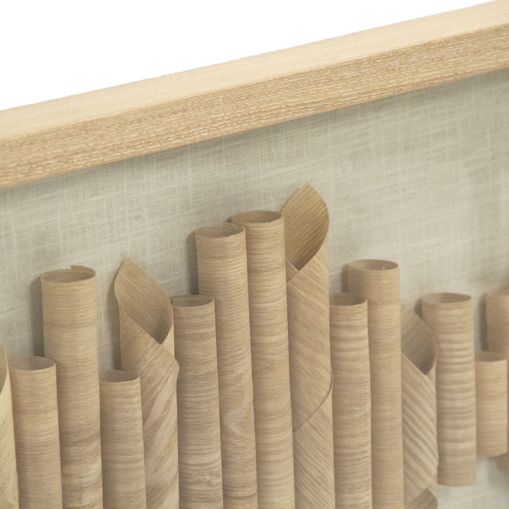 Furled Wood Veneer Wide Framed Art by Zentique in light brown wood vaneer in tan frame and pine wood, glass. Made from pine wood, glass in a modern style.