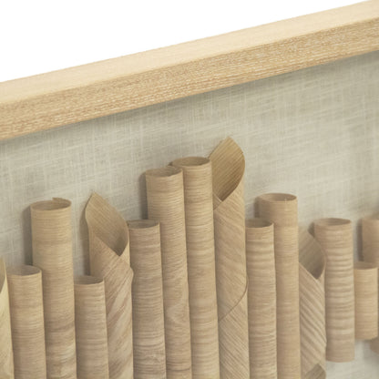 Furled Wood Veneer Wide Framed Art by Zentique in light brown wood vaneer in tan frame and pine wood, glass. Made from pine wood, glass in a modern style.