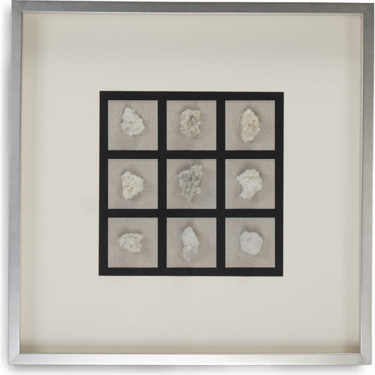 Abstract Gemstone Art by Zentique in off-white gemstones in silver frame and fir wood, glass. Made from pine wood, glass in a modern style.