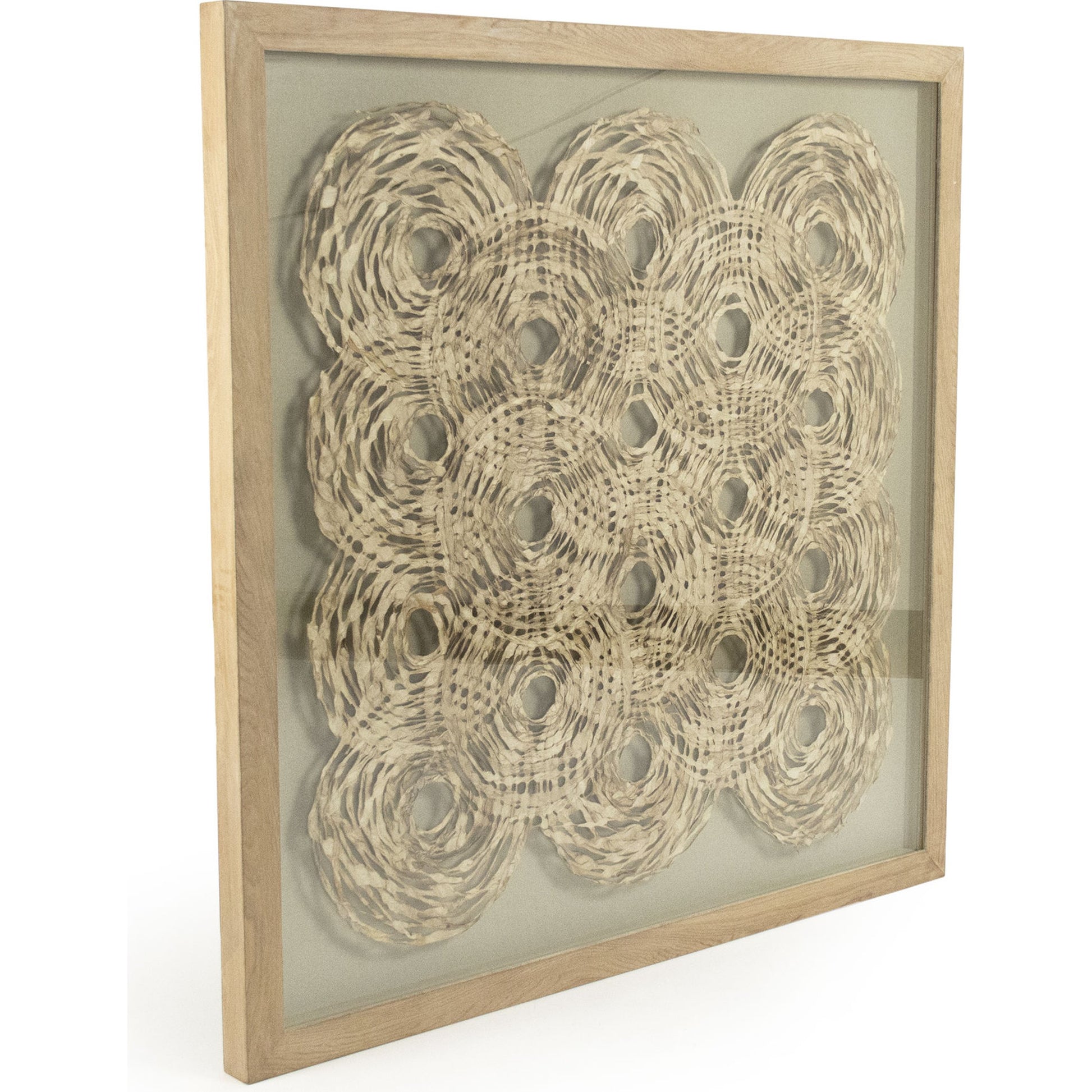 Abstract Overlapping Paper Framed Art by Zentique in white paper on tan background in tan frame and fir wood, glass. Made from mdf, glass in a modern style.