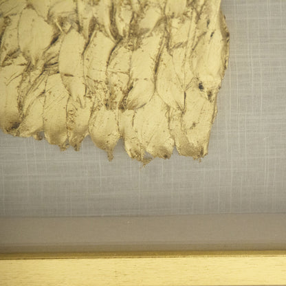 Golden Wing Frame (Left) by Zentique in feathers on linen background in fir wood frame and fir wood, glass. Made from pine wood, glass in a modern style.