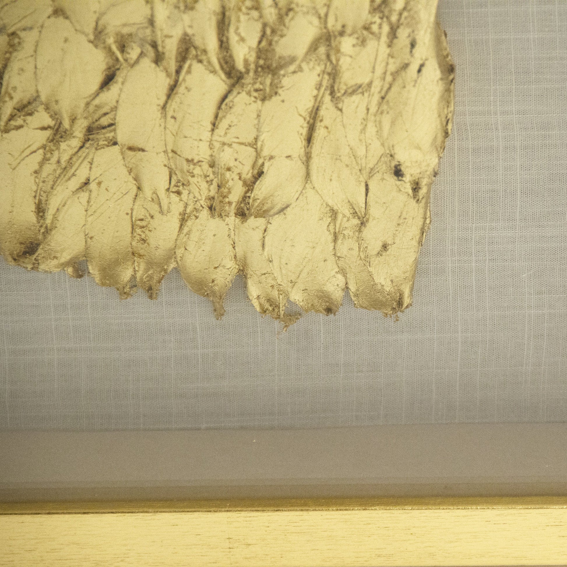 Golden Wing Frame (Left) by Zentique in feathers on linen background in fir wood frame and fir wood, glass. Made from pine wood, glass in a modern style.