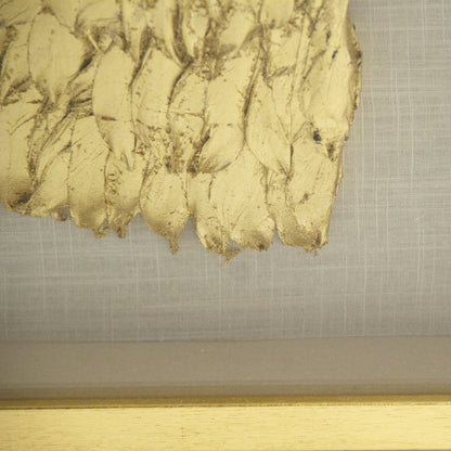 Golden Wing Frame (Left) by Zentique in feathers on linen background in fir wood frame and fir wood, glass. Made from pine wood, glass in a modern style.