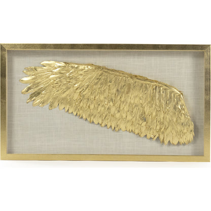 Golden Wing Frame (Left) by Zentique in feathers on linen background in fir wood frame and fir wood, glass. Made from pine wood, glass in a modern style.