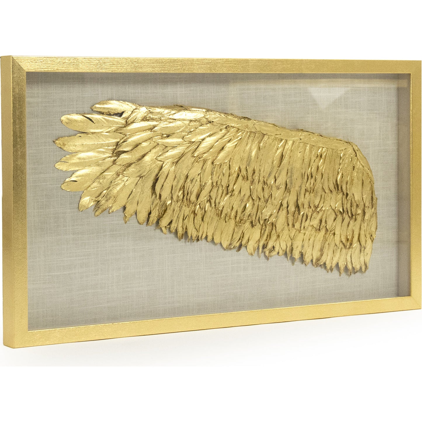 001 S-337270 | Primary Silo | Golden Wing Frame (Left) by Zentique in feathers on linen background in fir wood frame and fir wood, glass. Made from pine wood, glass in a modern style.