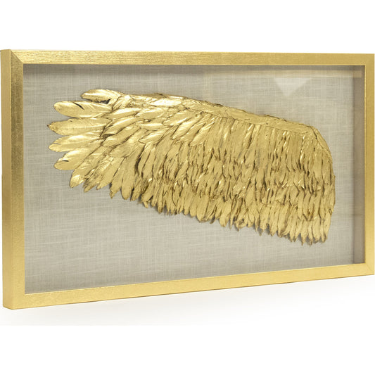 Golden Wing Frame (Left) by Zentique in feathers on linen background in fir wood frame and fir wood, glass. Made from pine wood, glass in a modern style.