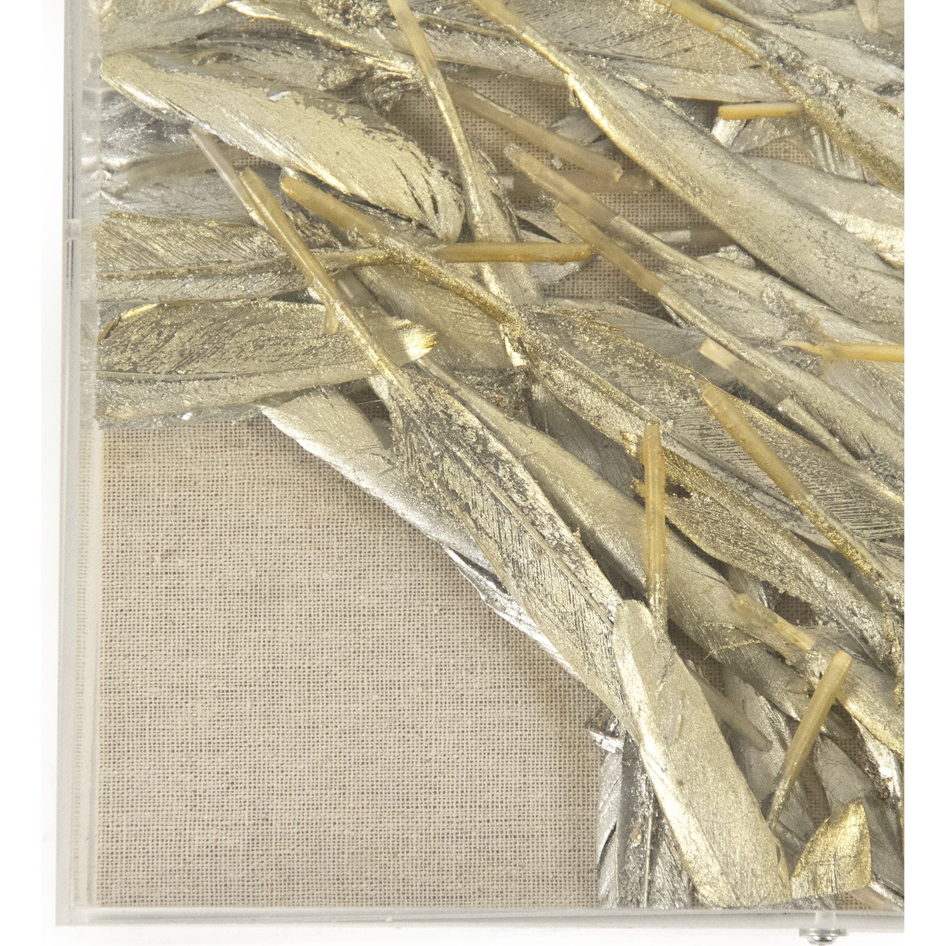 Abstract Feather Art by Zentique in gold, silver leaf, neutral background and feathers, linen. Made from acrylic, feathers, mdf in a modern style.