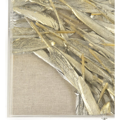 Abstract Feather Art by Zentique in gold, silver leaf, neutral background and feathers, linen. Made from acrylic, feathers, mdf in a modern style.
