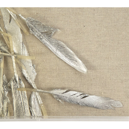 Abstract Feather Art by Zentique in gold, silver leaf, neutral background and feathers, linen. Made from acrylic, feathers, mdf in a modern style.