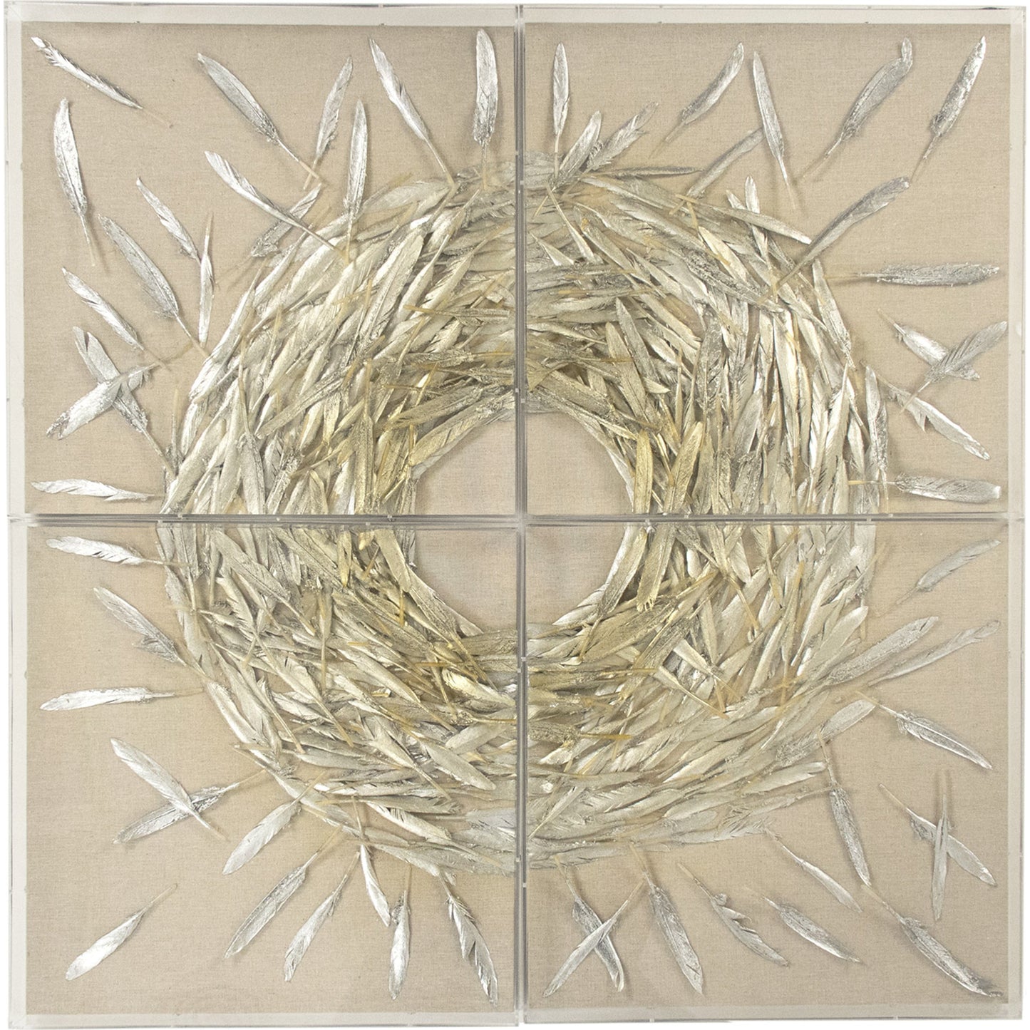 002 S-336390 | Additional Silo | Abstract Feather Art by Zentique in gold, silver leaf, neutral background and feathers, linen. Made from acrylic, feathers, mdf in a modern style.