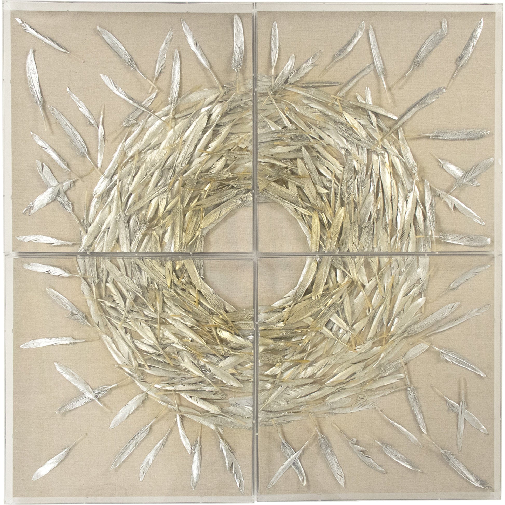 Abstract Feather Art by Zentique in gold, silver leaf, neutral background and feathers, linen. Made from acrylic, feathers, mdf in a modern style.