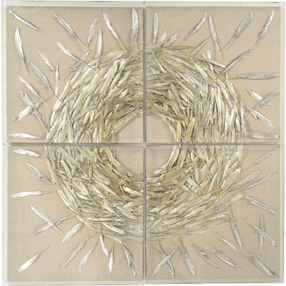 Abstract Feather Art by Zentique in gold, silver leaf, neutral background and feathers, linen. Made from acrylic, feathers, mdf in a modern style.