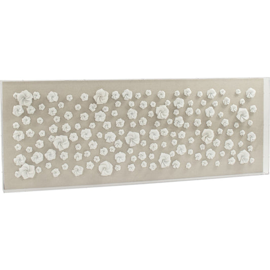 Flowers in Acrylic Wall Art by Zentique in natural linen and white ceramic flowers, acrylic frame. Made from acrylic, ceramic, mdf in a modern style.